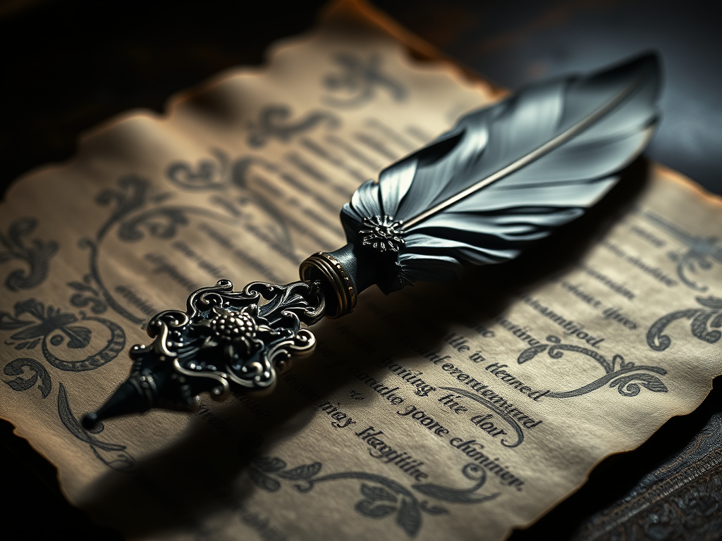 A decorative black feather quill pen resting on an aged parchment with intricate text and designs.