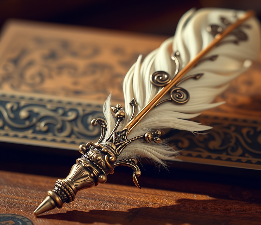 An ornate quill pen with a feather and intricate metalwork, resting on a decorative book cover.